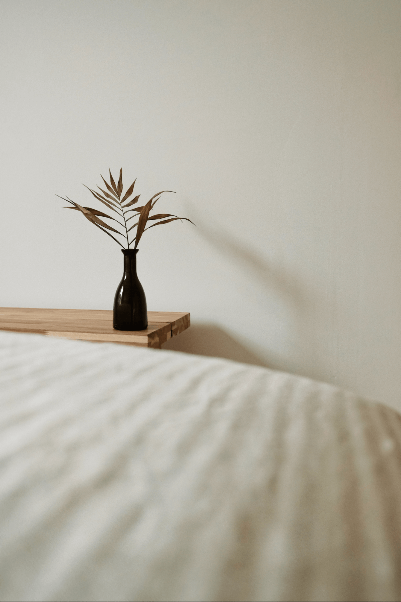 Bed and distant desk with plant.